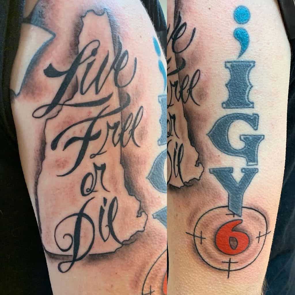 Arm tattoo featuring ';IGY6' with a blue semicolon and red 6 inside a target, paired with 'Live Free or Die' script