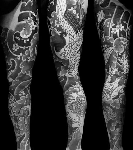 Shaded Japanese Crane Full Leg Sleeve Mens Tattoos