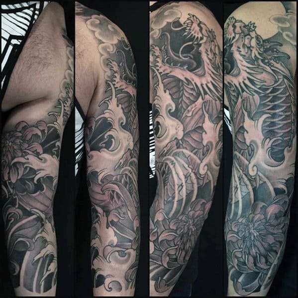Shaded Japanese Male Koi Dragon Tattoo Sleeve Ideas