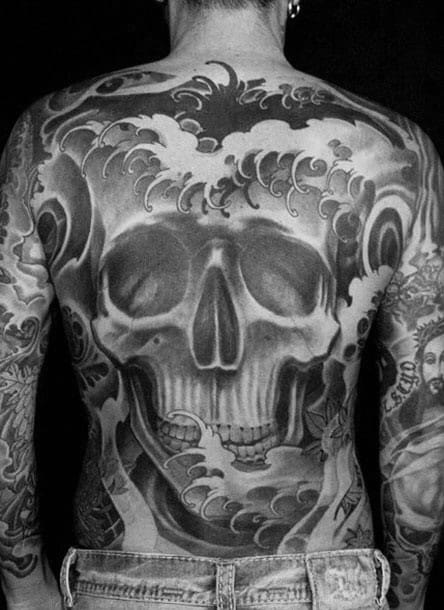 Shaded Japanese Skull Full Back Tattoo Ideas For Gentlemen