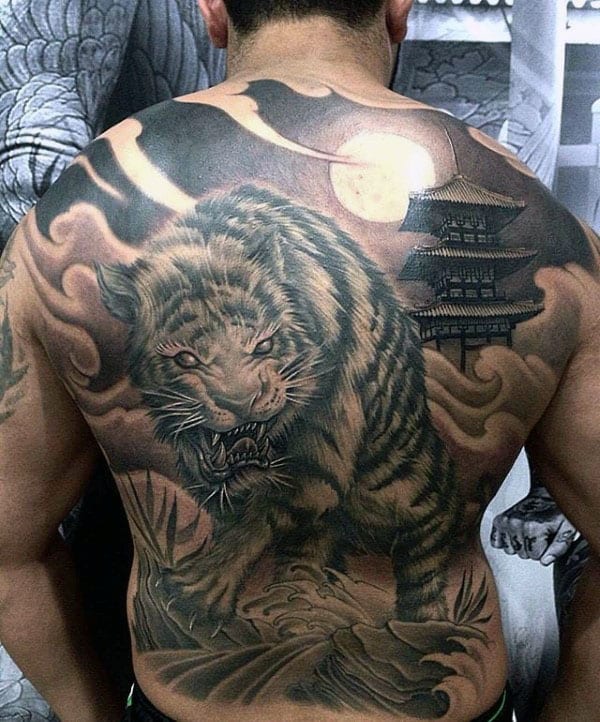 Shaded Japanese Tiger Mens Full Back Tattoo