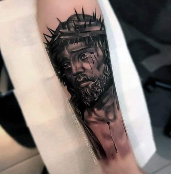 Shaded Jesus Catholic Black And Grey Mens Inner Forearm Tattoo