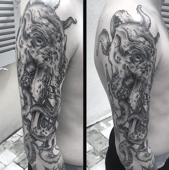 Shaded Kraken Tattoo On Male Full Arm Design