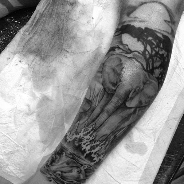 Shaded Leg Sleeve Elphant Africa Safari Male Tattoo Designs