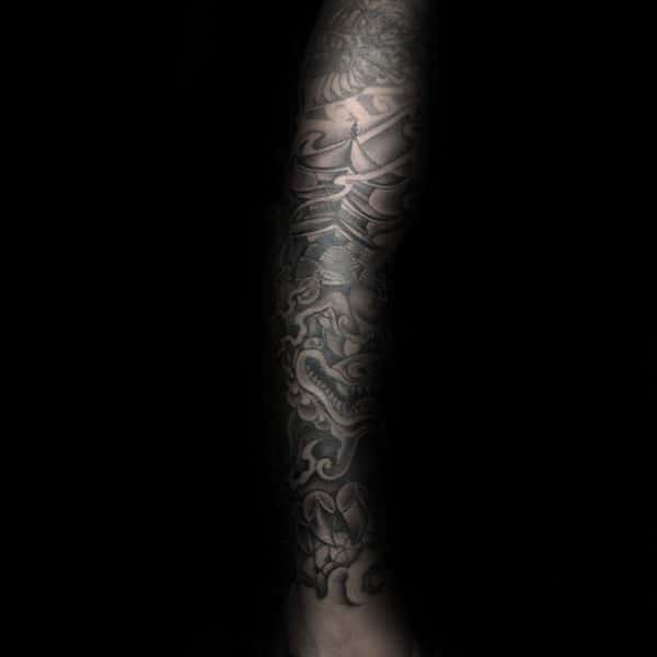 Shaded Leg Sleeve Tattoo Of Foo Dog On Guy