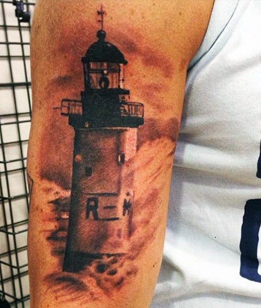 Shaded Lighthouse Mens Tattoo On Bicep