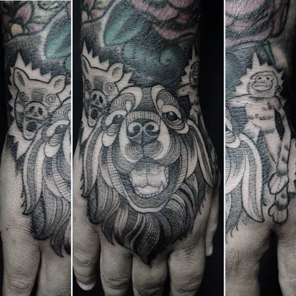 Shaded Line Work Dog Tattoo For Men On Hands