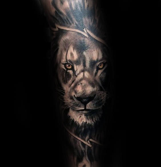 Shaded Lion With Orange Eyes Mens Leg Sleeve Tattoo Ideas