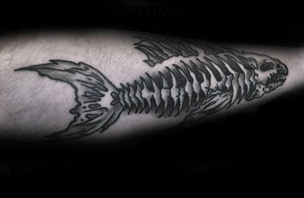 Shaded Male Fish Skeleton Outer Forearm Tattoo Inspiration