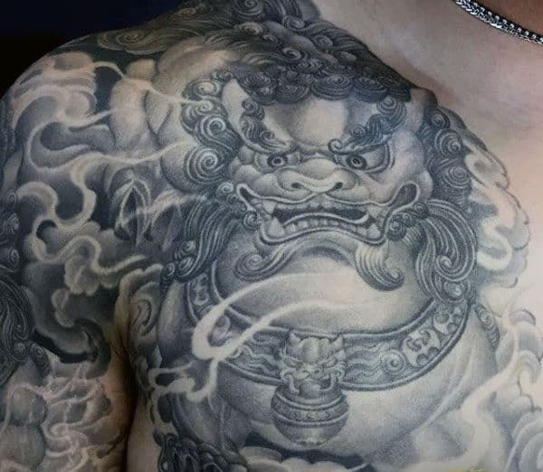 Shaded Male Fu Dog Chest Tattoo Design