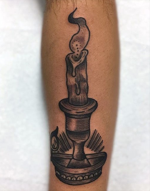 Shaded Male Old School Traditional Forearm Tattoo With Candle Design