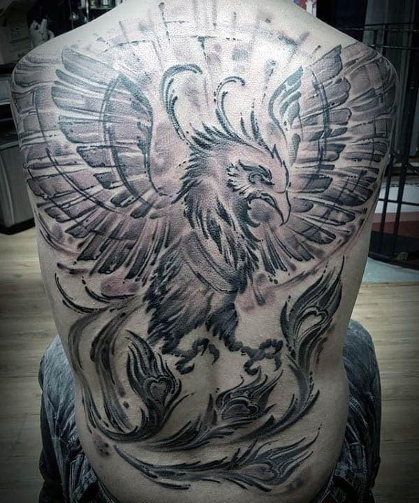 Shaded Male Phoenix Tattoo On Back