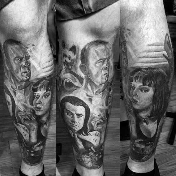Shaded Male Pulp Fiction Leg Sleeve Tattoo
