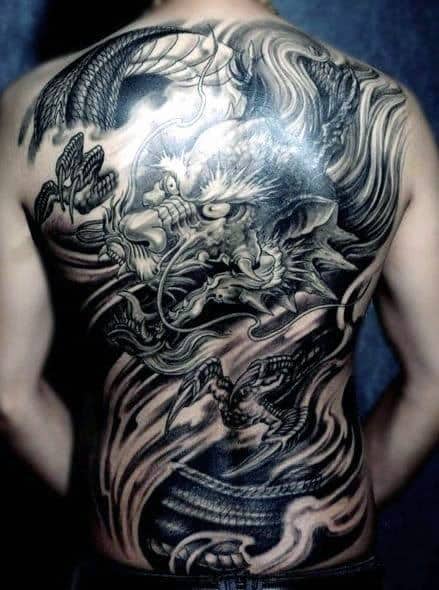 Shaded Manly Chinese Dragon Full Back Tattoo On Guy
