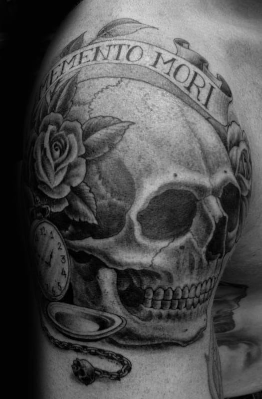 Shaded Memento Mori Skull Male Upper Arm Tattoo