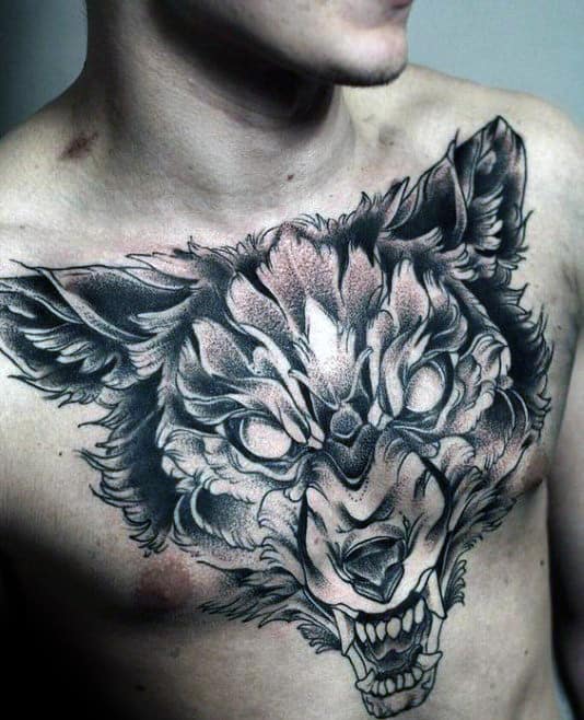 Shaded Mens Angry Wolf Upper Chest Tattoos