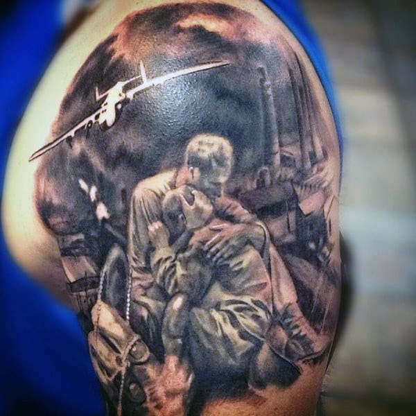 Shaded Mens Army Upper Arm Tattoo Design Ideas