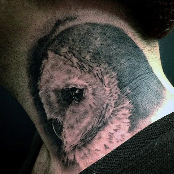 Shaded Mens Barn Owl Neck Tattoos