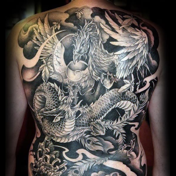Shaded Mens Full Back Dragon Phoenix Japanese Tattoos