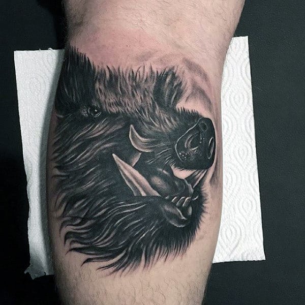 Shaded Mens Realistic Boar Leg Calf Tattoo Ideas