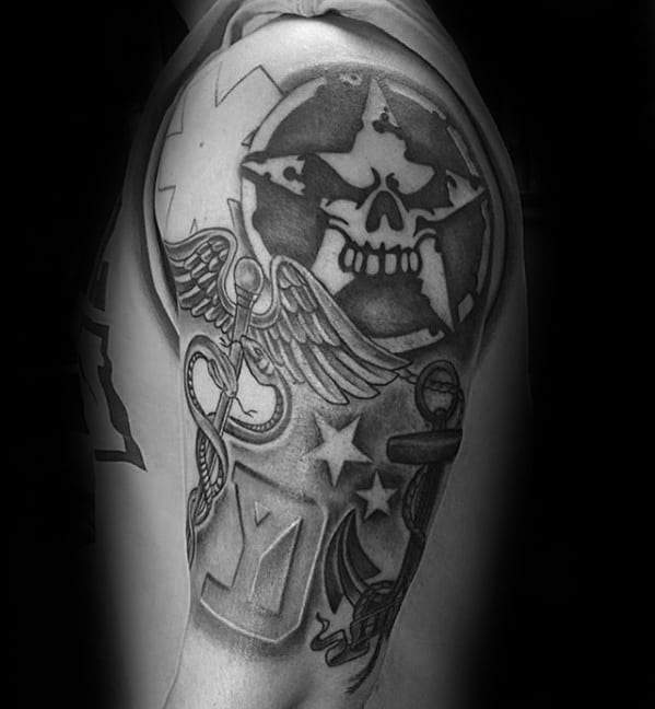 Shaded Military Star Of Life Guys Medic Arm Tattoos