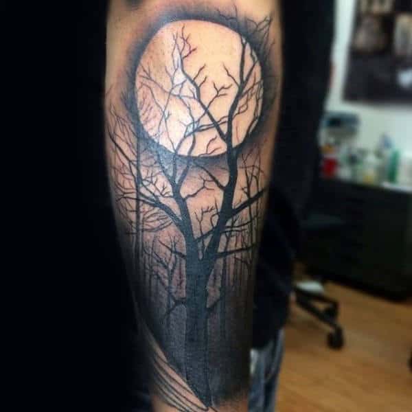 Shaded Moon Tree Sleeve Forest Tattoo On Mans Forearm