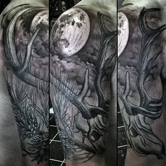 Shaded Moon With Skull And Pine Cone Mens Half Sleeve Tattoo