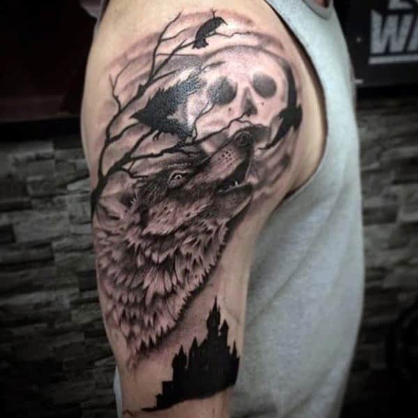 Shaded Moon Wolf Howling Animal Upper Arm Tattoos For Guys