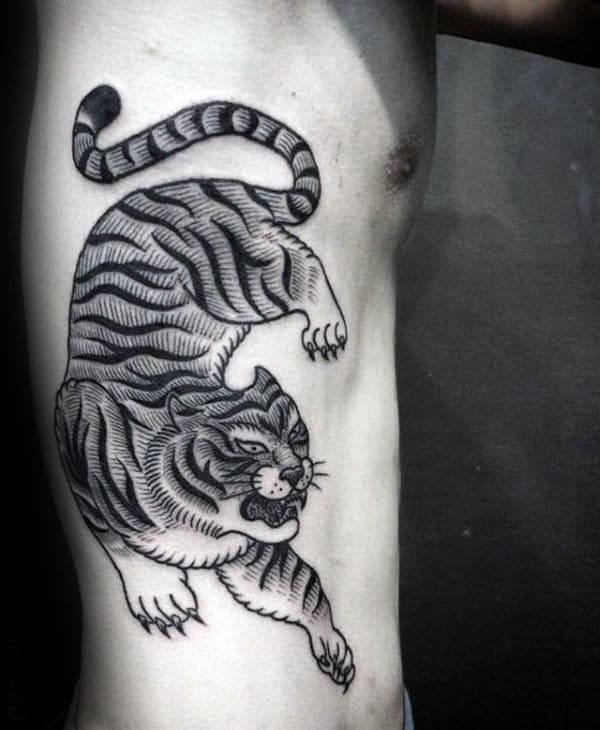 Shaded Moving Tiger Mens Traditional Rib Cage Side Tattoos