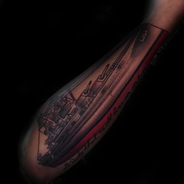 Shaded Navy Ship Tattoos For Guys On Outer Forearm