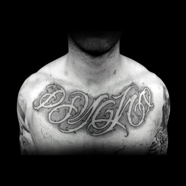 Shaded Negative Space Male Script Chest Tattoo Design