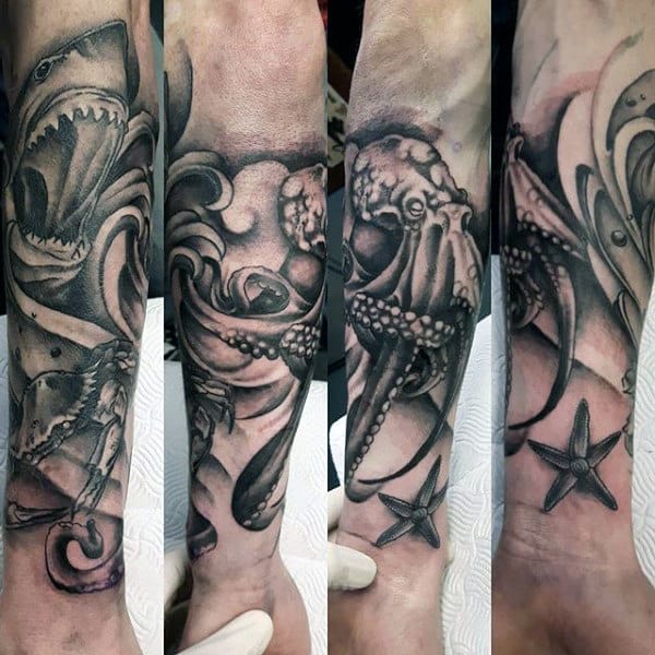 Shaded Octopus And Crab Mens Forearm Sleeve Tattoos