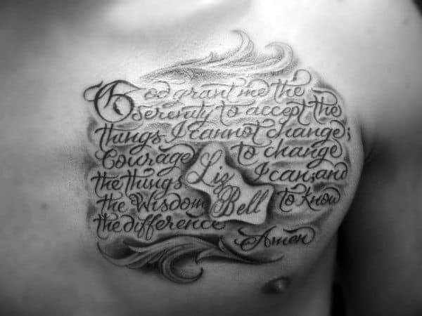 Shaded Ornate Font Serenity Prayer Mens Upper Chest Tattoos