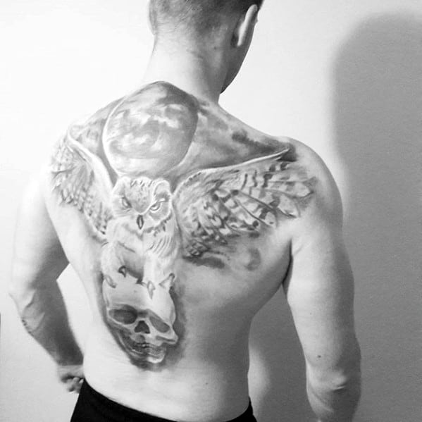 Shaded Owl Flying With Skull Under Moon Mens Back Tattoo