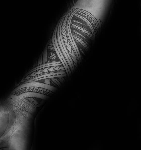 Shaded Pattern Male Tribal Polynesian Tattoo Ideas On Forearms