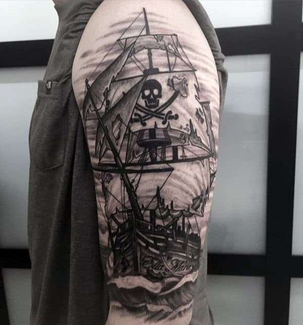 Shaded Pirate Flag Sailing Ship Guys Arm Tattoo Designs