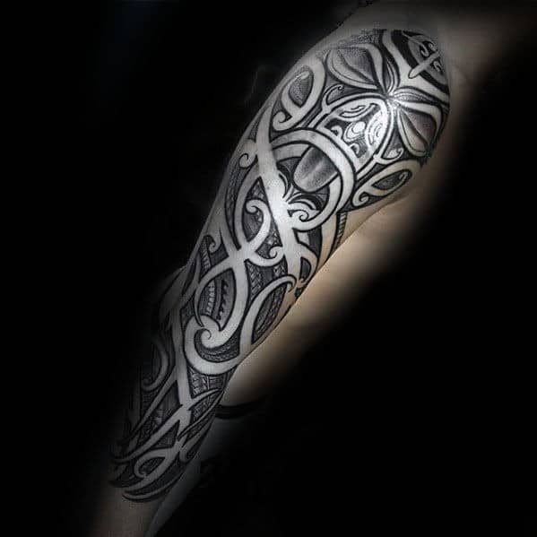 Shaded Polynesian Tribal Negative Space Sleeve Tattoos For Men
