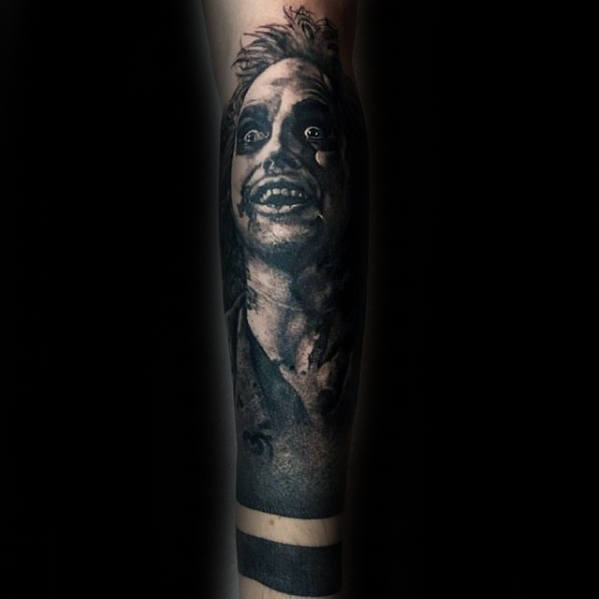 Shaded Portrait Of Beetlejuice Mens Arm Sleeve Tattoo Designs