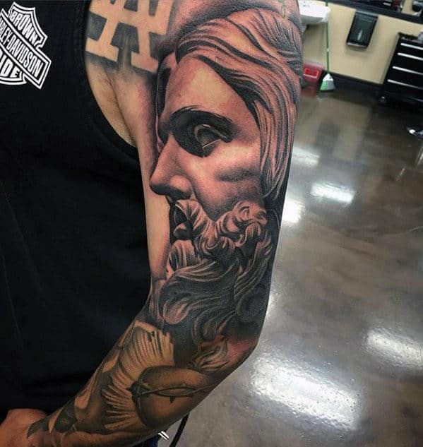 Shaded Portrait Of Jesus Full Sleeve Tattoo Designs For Gentlemen