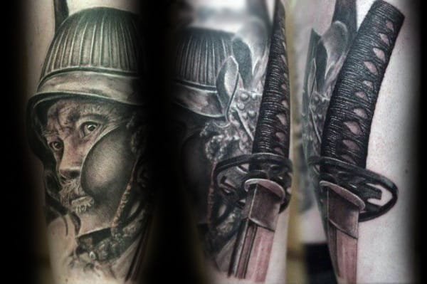 Shaded Portrait With Katana Mens Arm Tattoos