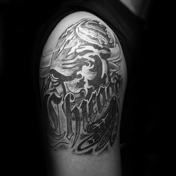 Shaded Quarter Sleeve Gentleman With Chicago Bears Tattoo