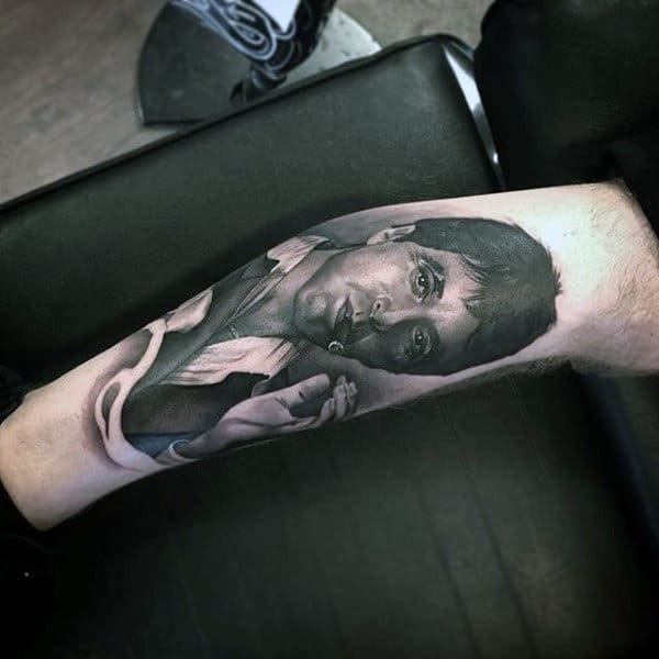 Shaded Realistic 3d Scarface Portrait Mens Leg Tattoo