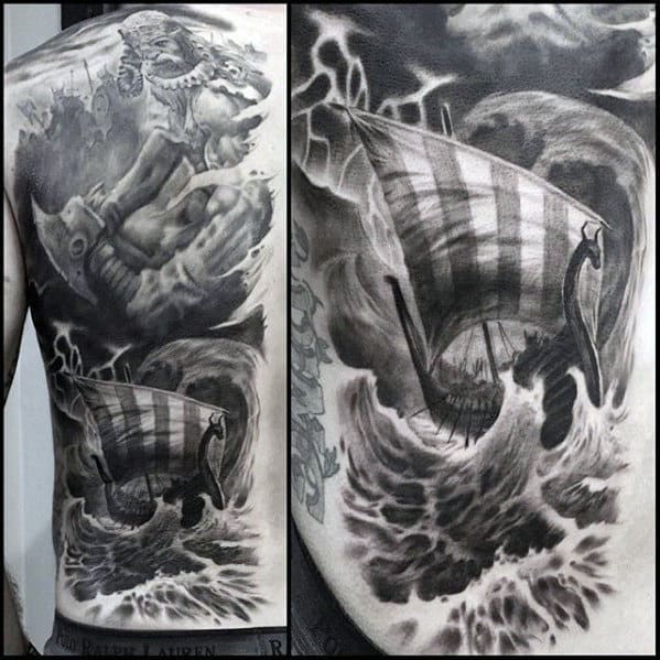 Shaded Realistic 3d Viking Ship Guys Cool Back Tattoos