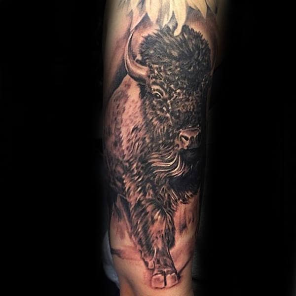 Shaded Realistic Bison Guys Arm Tattoos