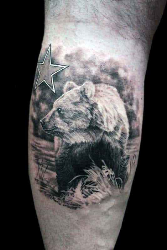 Shaded Realistic Black And Grey Ink California Bear Mens Leg Calf Tattoos