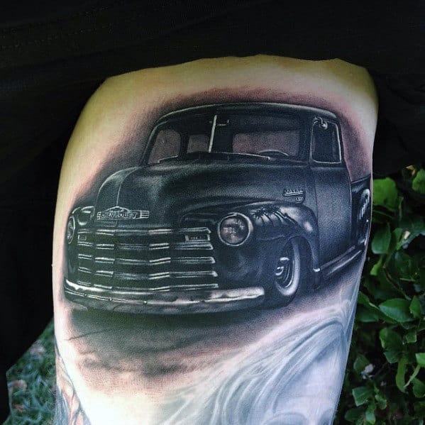 Shaded Realistic Chevy Truck Guys Thigh Tattoos