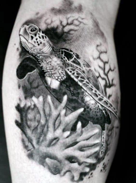 Shaded Realistic Coral Reef Swimming Turtle Guys Leg Calf Tattoo