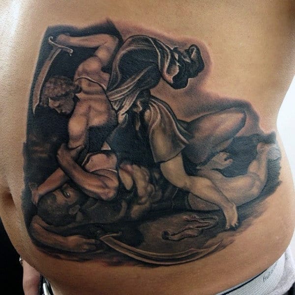 Shaded Realistic David And Goliath Mens Rib Cage Side Tattoos