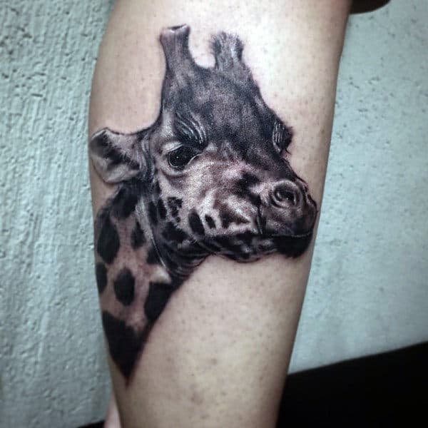 Shaded Realistic Grey And Black Ink Giraffe Tattoos For Men