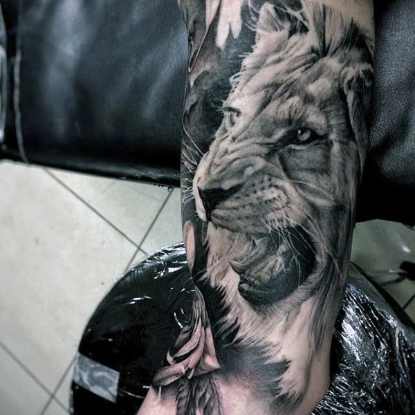 Shaded Realistic Guys Lion Sleeve Tattoos